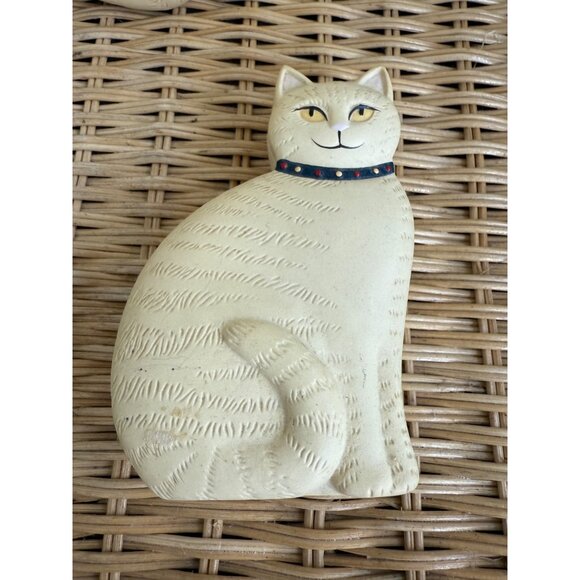 Vintage 80s Bisque Ceramic Set Yellow Cat Figurine and Trinket Box - Picture 6 of 14